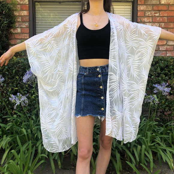 GORGEOUS A.Muse White Sheer Palm Leaf Embroidered Cardigan Kimono Cover-Up - Picture 1 of 4
